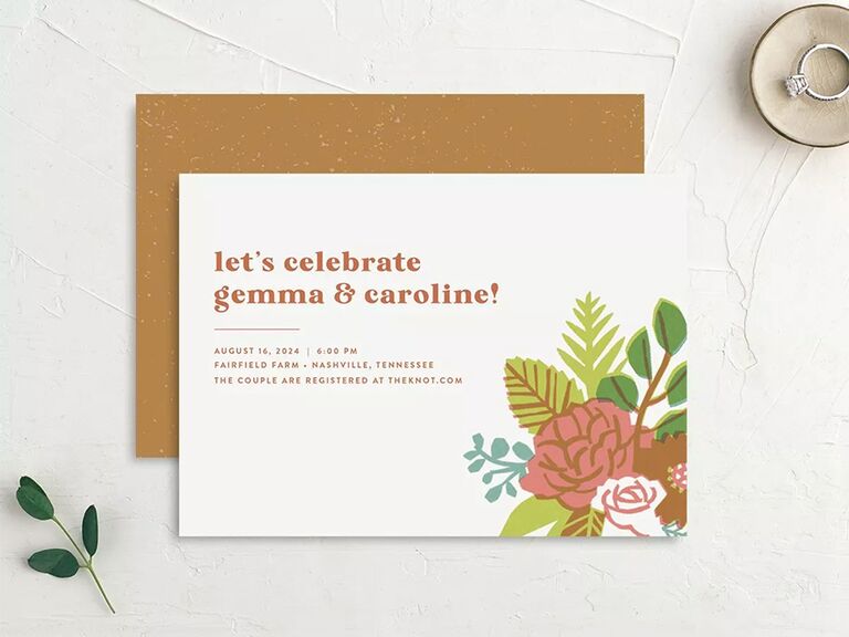 Retro type in burnt orange with florals in bottom right corner on white background