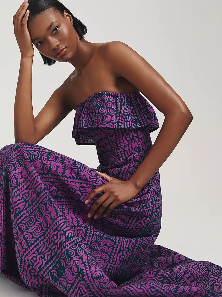 strapless purple print full length dress