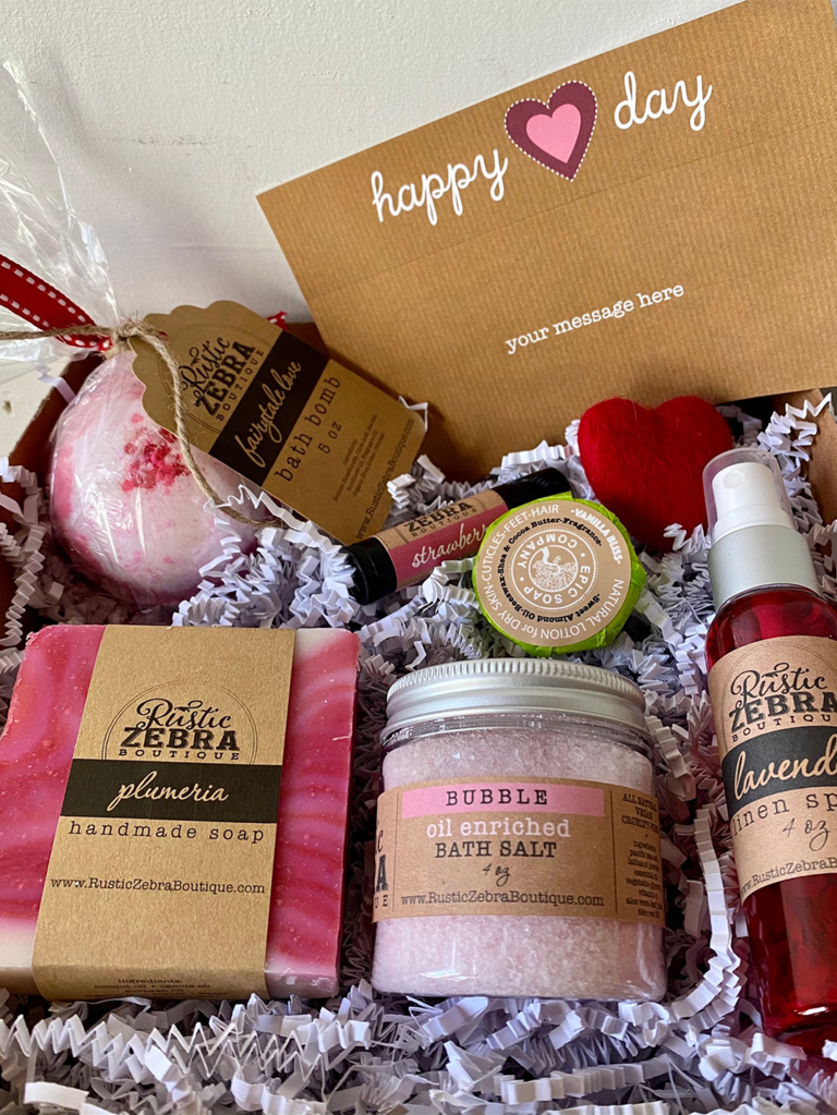 Valentine's spa day gift box with bath bomb, bath salts, etc. in pink