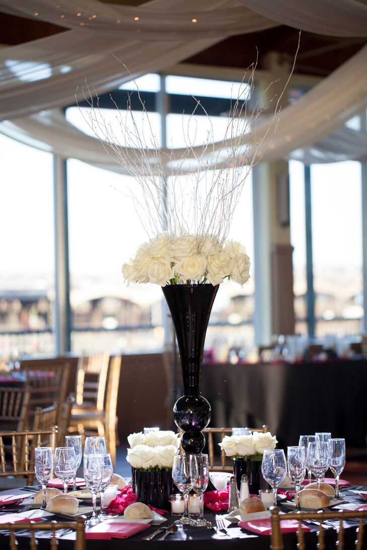 Tall White Rose Centerpiece In Black Vase