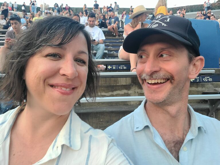 We love living in NYC - here we've biked out to Forest Hills Stadium in Queens to see one of our favorite bands, Lord Huron. As usual, Adam looks like he's planning something, but he hasn't proposed yet! 