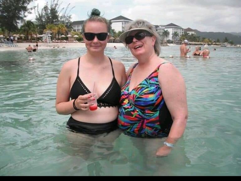 Kara and her mom Pam with Kara's first legal drink in Jamaica