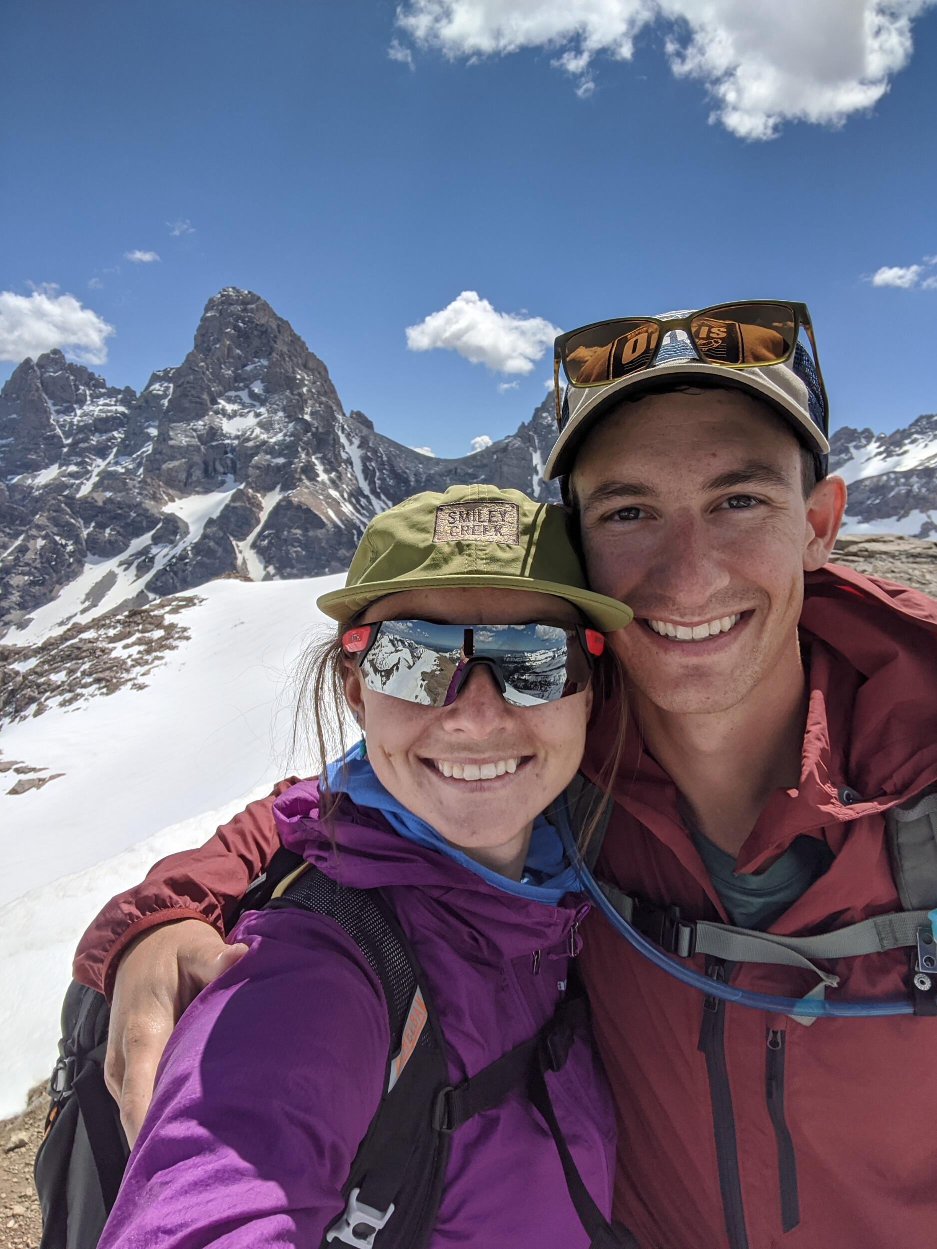 Sam and Hannah visiting her parents in Tetonia, ID and on top of the summit of Table Rock Mountain. Still lots of snow and post holing to get to the top! Sam was on a break from medical school and Hannah was on summer break from vet school working at a local clinic in Victor, ID. 