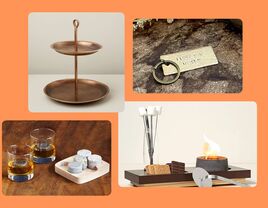 Collage of 19th anniversary gift ideas: bronze tiered platter, engraved bronze keyring, indoor s'mores fire pit, whiskey tumblers 