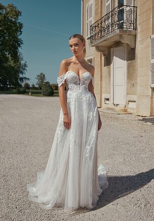 A-Line Gown with Detachable Off-The-Shoulder Straps and Sheer Bodice