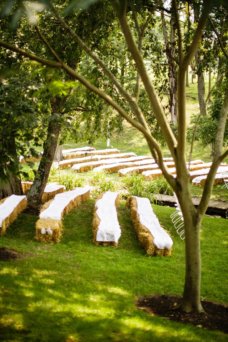 Hay Bale Ceremony Seating With White Fabric