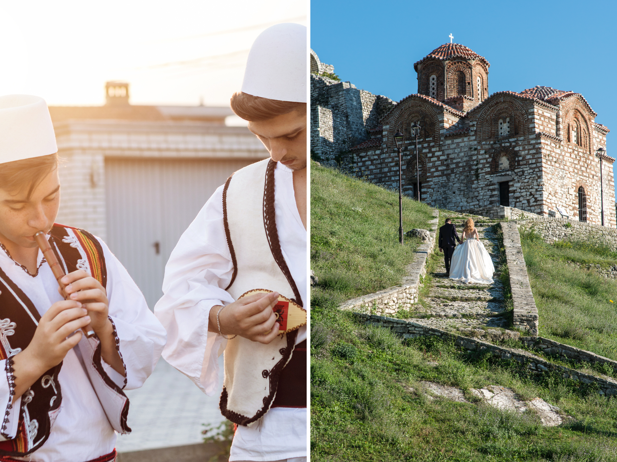 Men playing traditional albanian wedding instruments and couple walking up to wedding venue in Albania