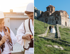 Men playing traditional albanian wedding instruments and couple walking up to wedding venue in Albania