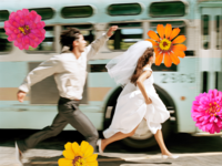 Couple running surrounded by flowers