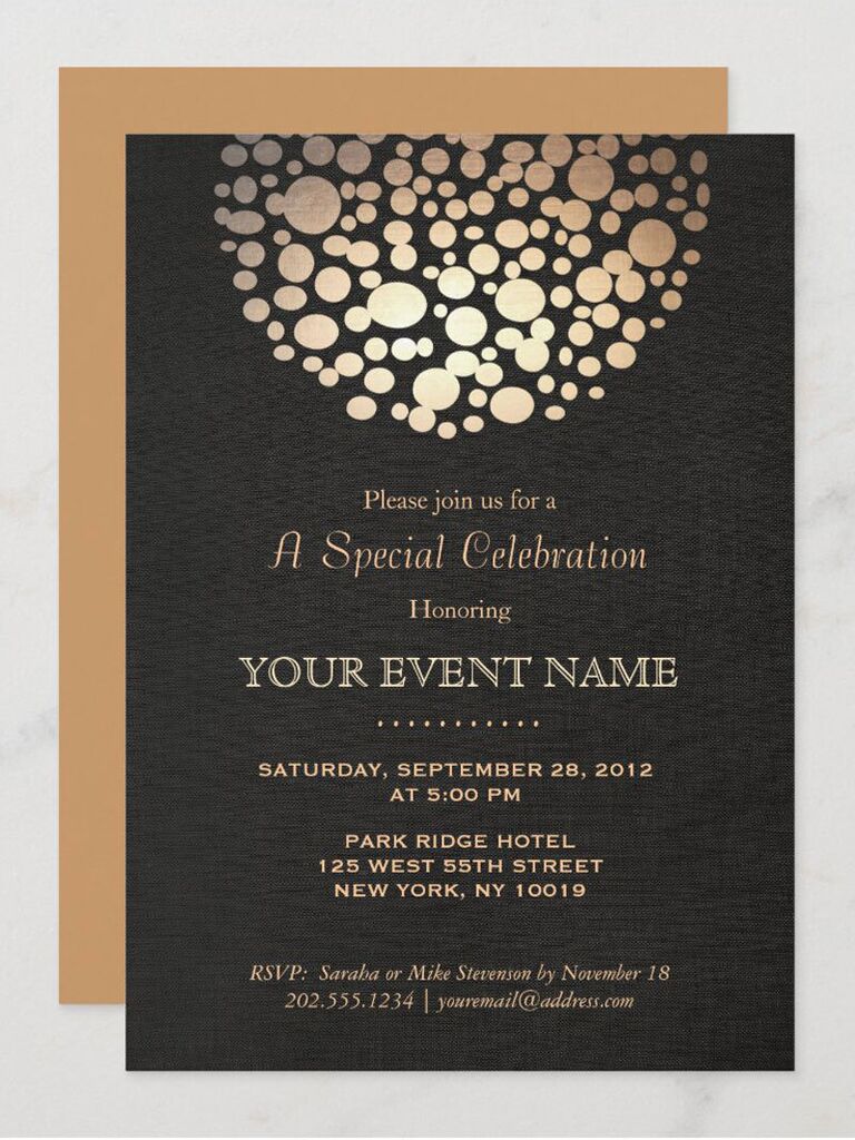 Half circle gold bubble design on top border with event details in gold type on black background 
