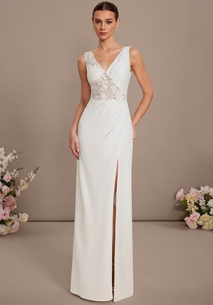 Fall in love with the JJ's House Niamh Sheath/Column Lace Wedding Dress! A timeless and elegant design crafted to make your dream wedding a reality. Shine with confidence as you walk down the aisle.
