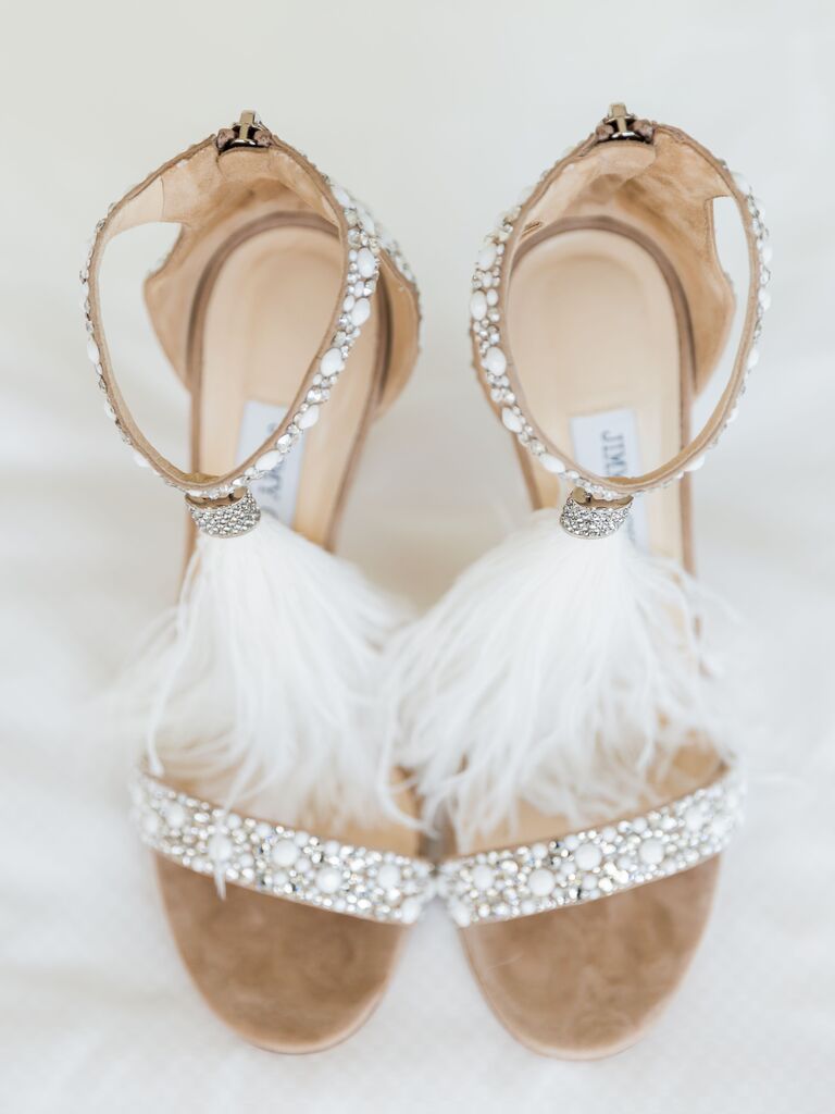 luxury wedding shoes jimmy choo beige viola stiletto sandals with white ostrich feather tassels and pearl beads