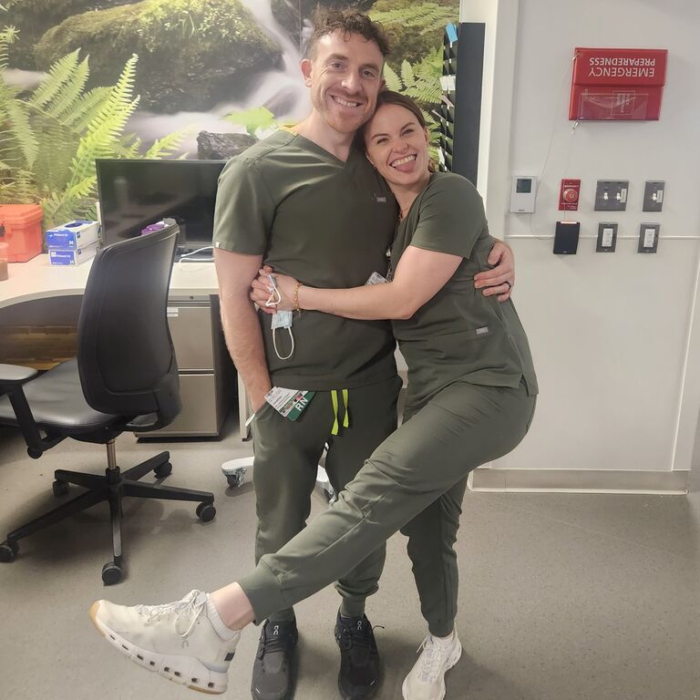 I made Jon match his scrubs with me. He asked if he could have his balls back off the top shelf. I told him of course not because I keep them in a special necklace actually, duh lol