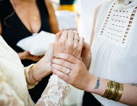 Hands of a lesbian couple during their wedding