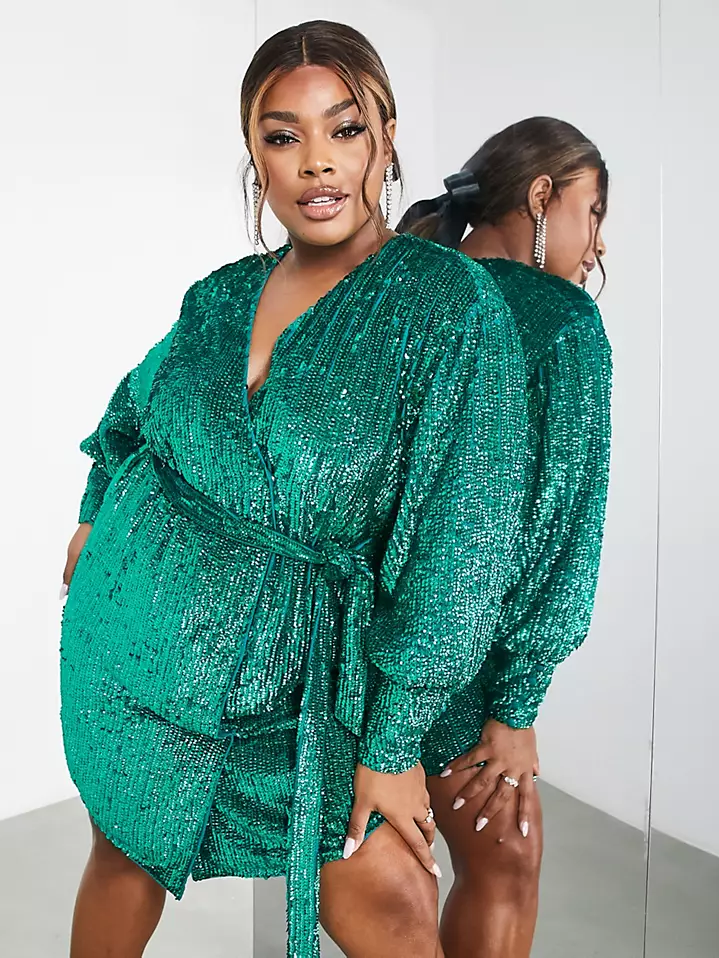 green sequin wrap dress with long sleeves