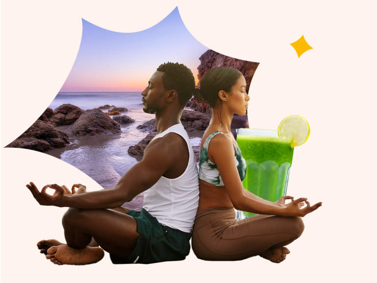 the knot 2024 travel trends piece wellbeing resorts couple sits meditating against a gumdrop sky and gorgeous nature plus a green juice backdrop