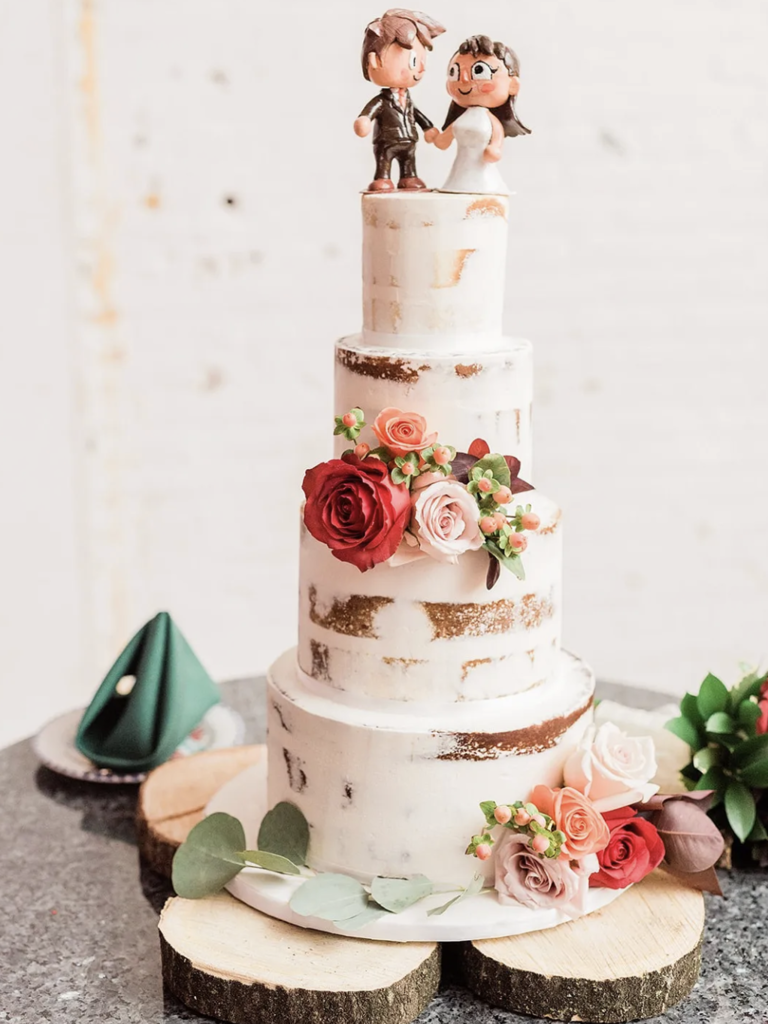 Rustic Semi-Naked Cake with Wood Stand, Flowers and Personalized Topper