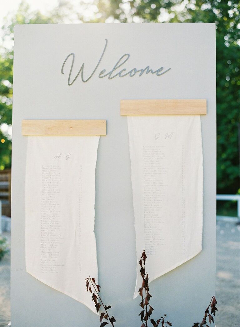 Linen seating chart mounted on wood board