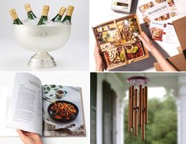 Collage of four anniversary gift ideas for couples who have everything