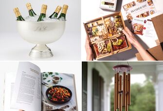 Collage of four anniversary gift ideas for couples who have everything