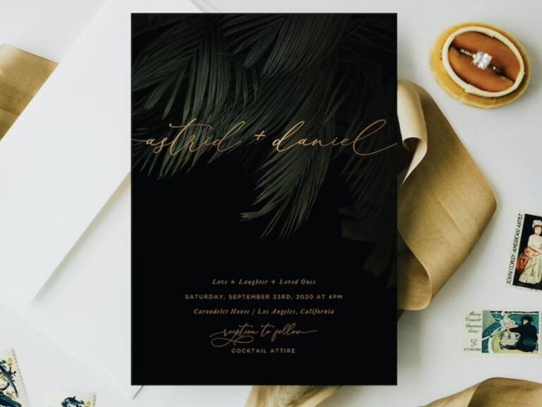 Black and gold moody beach destination wedding invitaiton