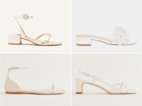 collage of white heeled wedding sandals and flat wedding sandals with silver rhinestones