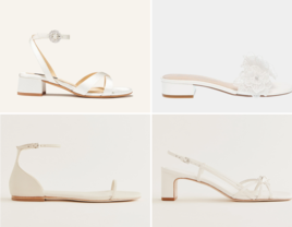 collage of white heeled wedding sandals and flat wedding sandals with silver rhinestones