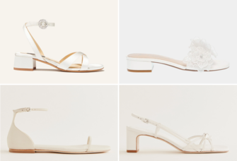 collage of white heeled wedding sandals and flat wedding sandals with silver rhinestones
