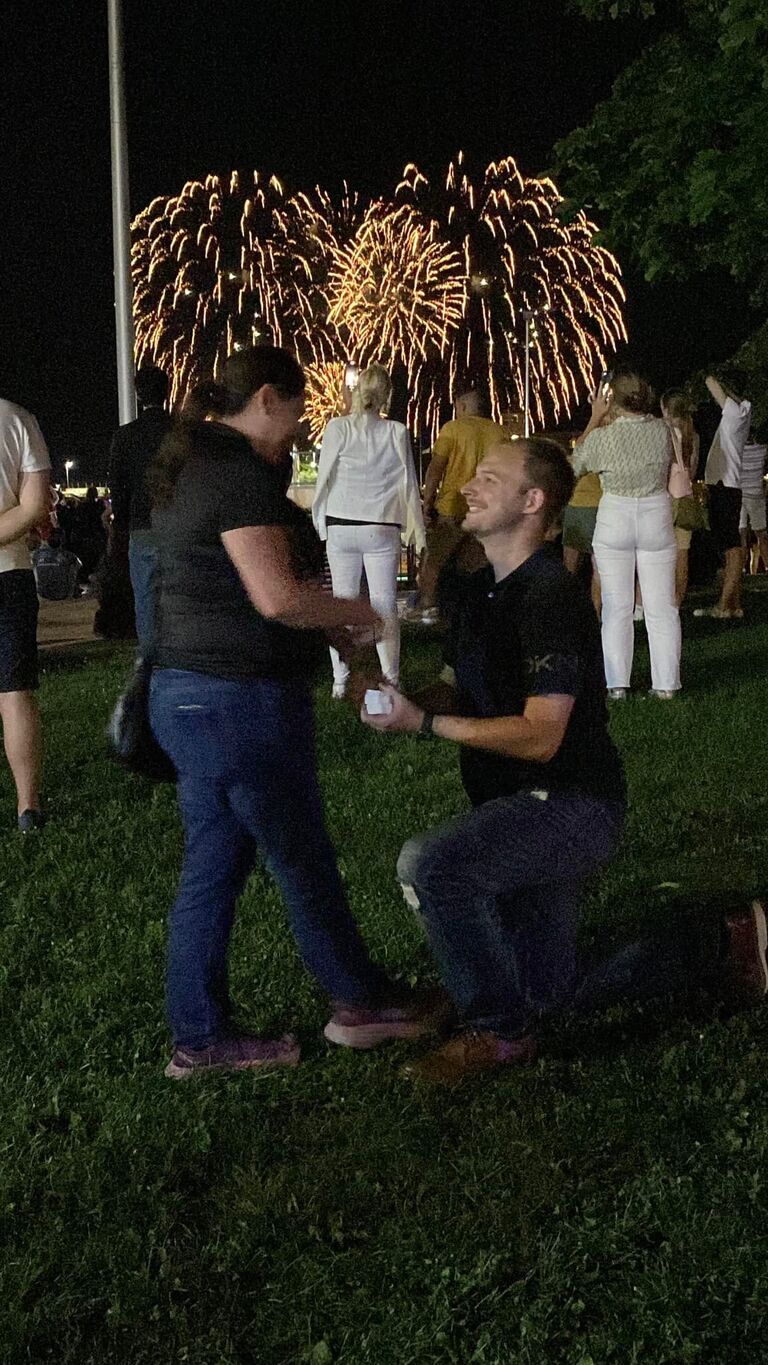 Michael proposed! He proposed with a ring he bought on Michigan Ave. in Chicago, in front of the Navy Pier fireworks.