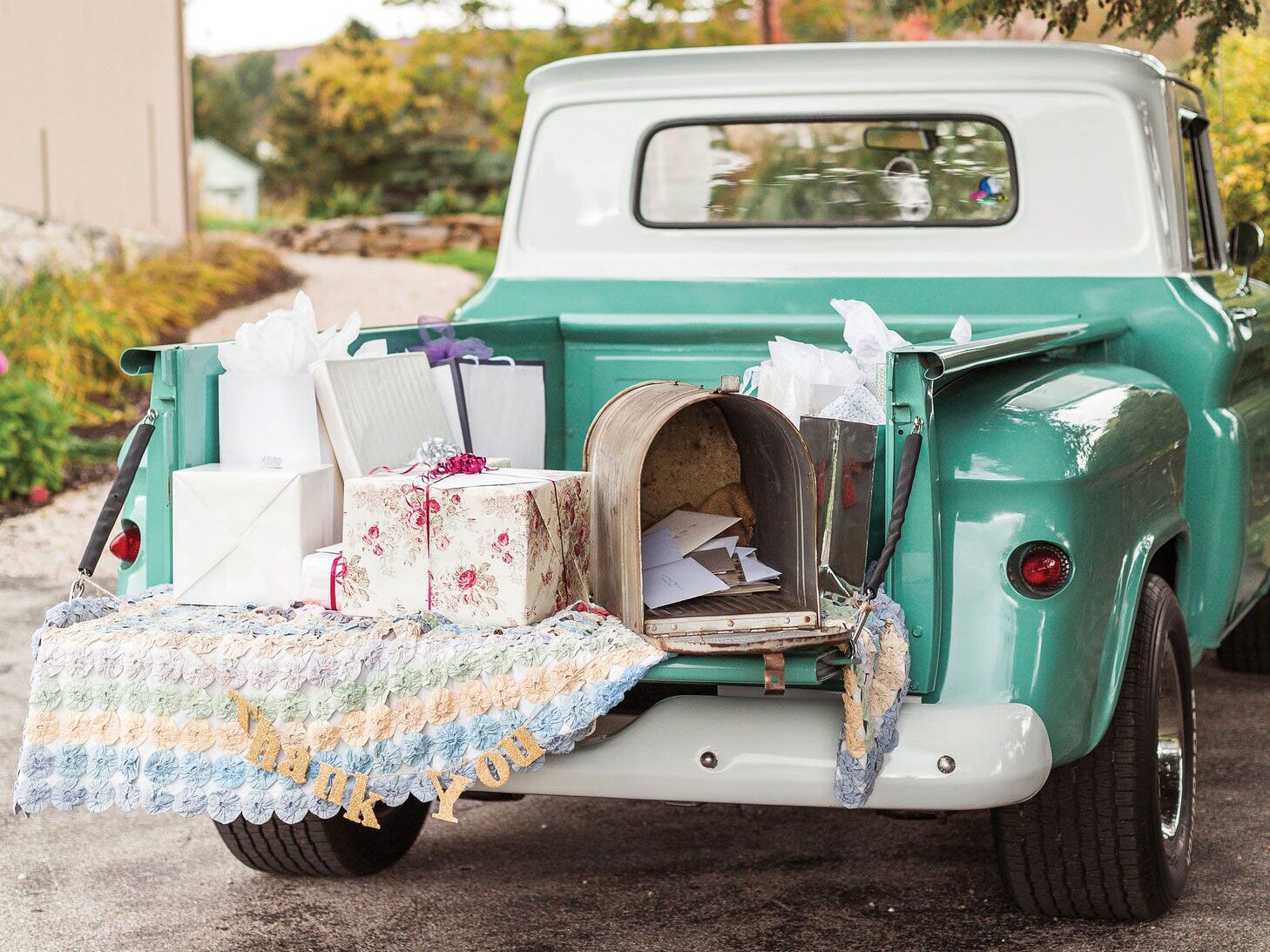 Truck bed with wedding gifts