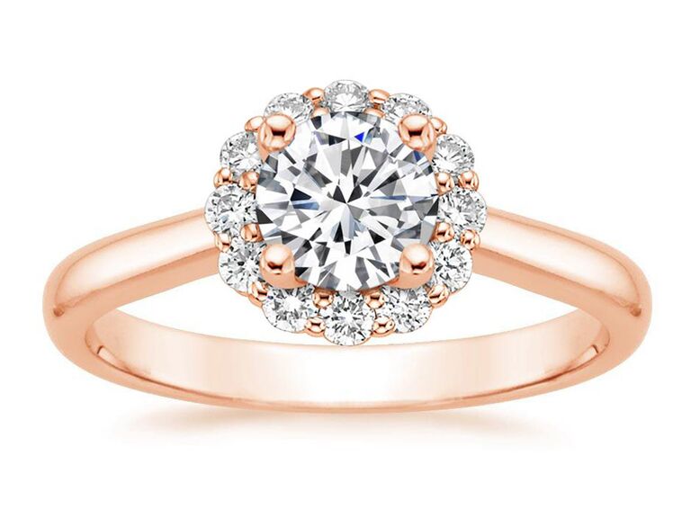 brilliant earth flower engagement ring with round diamond round diamond halo and plain rose gold band