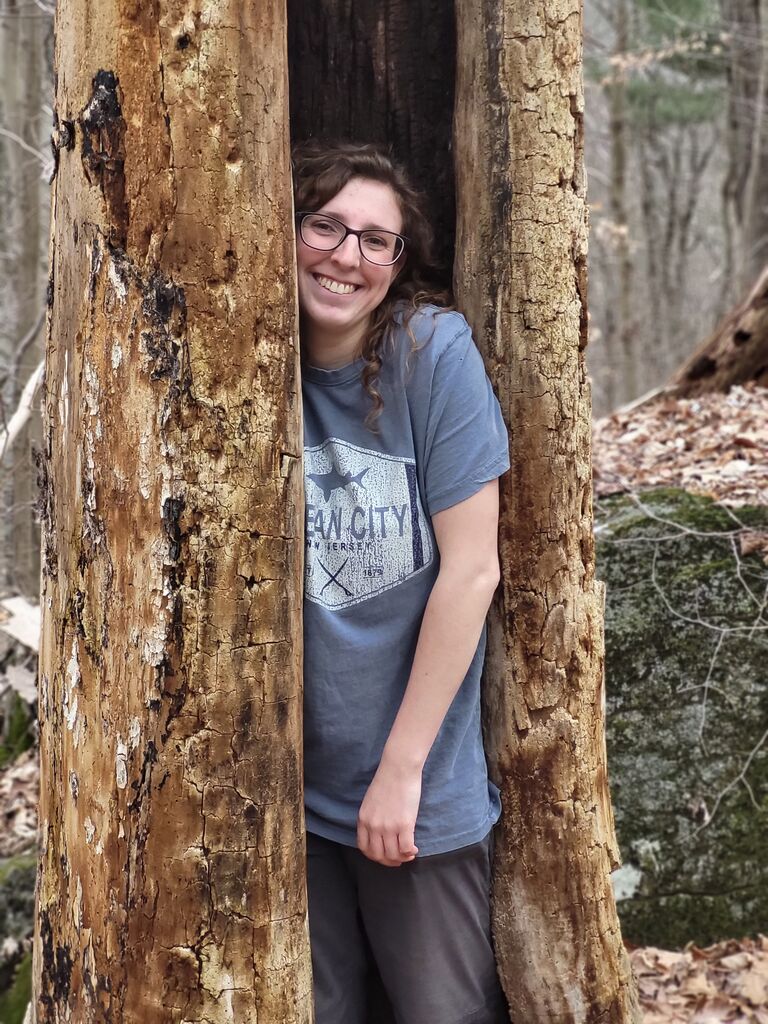 This is a tree hollowed out after being struck by lightning. Someone loves tight spaces and someone else likes laughing at her almost getting stuck.
