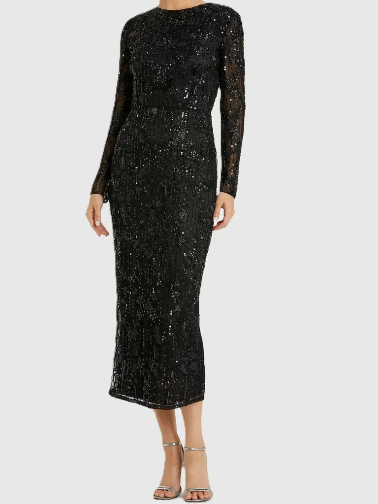 Black long sleeve sequin midi winter wedding guest dress from Mac Duggal