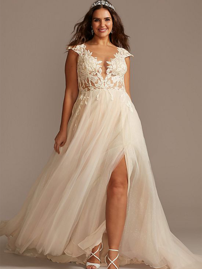 Formal Dress: 7046. Long Wedding Dress, Illusion Neckline, Ball Gown