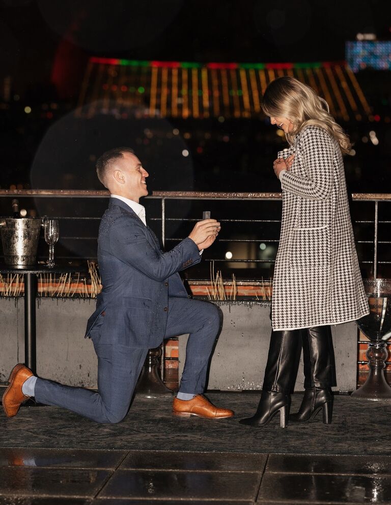 A few weeks before their 4 year dating anniversary, Harry proposed to Presley on the rooftop of the Crossroads Hotel in Kansas City. He pulled off the most romantic proposal in the rain, and had all of their friends and family down the street to celebrate. 