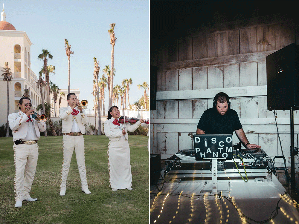 Collage featuring a photo of a wedding band on one side and a DJ on the other. 