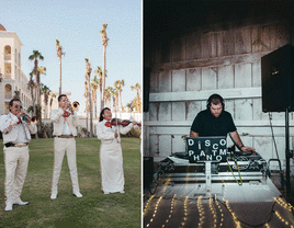 Collage featuring a photo of a wedding band on one side and a DJ on the other. 