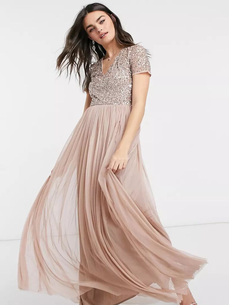 asos metallic bridesmaid maxi dress with short sleeves tulle and sequins