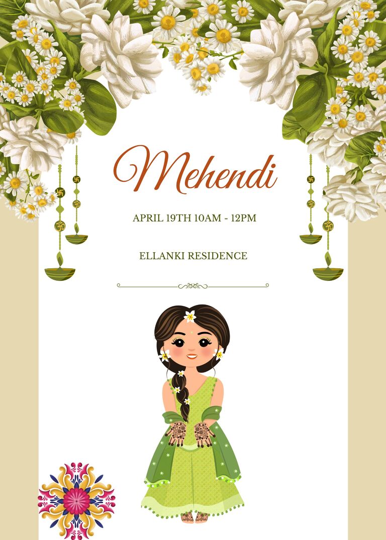 Mehendi - 
10am - 12pm : An intimate event for the women in the immediate families of the Bride and Groom.