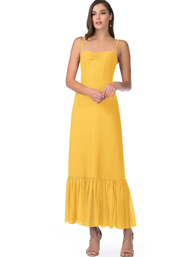 bright yellow midi dress with ruffle hem and spaghetti straps