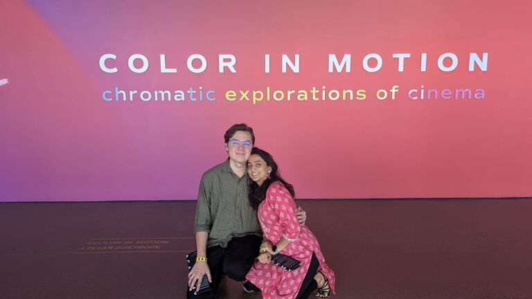 Two museum lovers enjoying free admission to the Academy of Motion Pictures Museum 