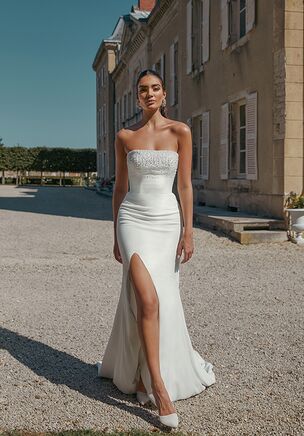 Stretch Crepe Fit and Flare Gown with Embellished Straight Necklne