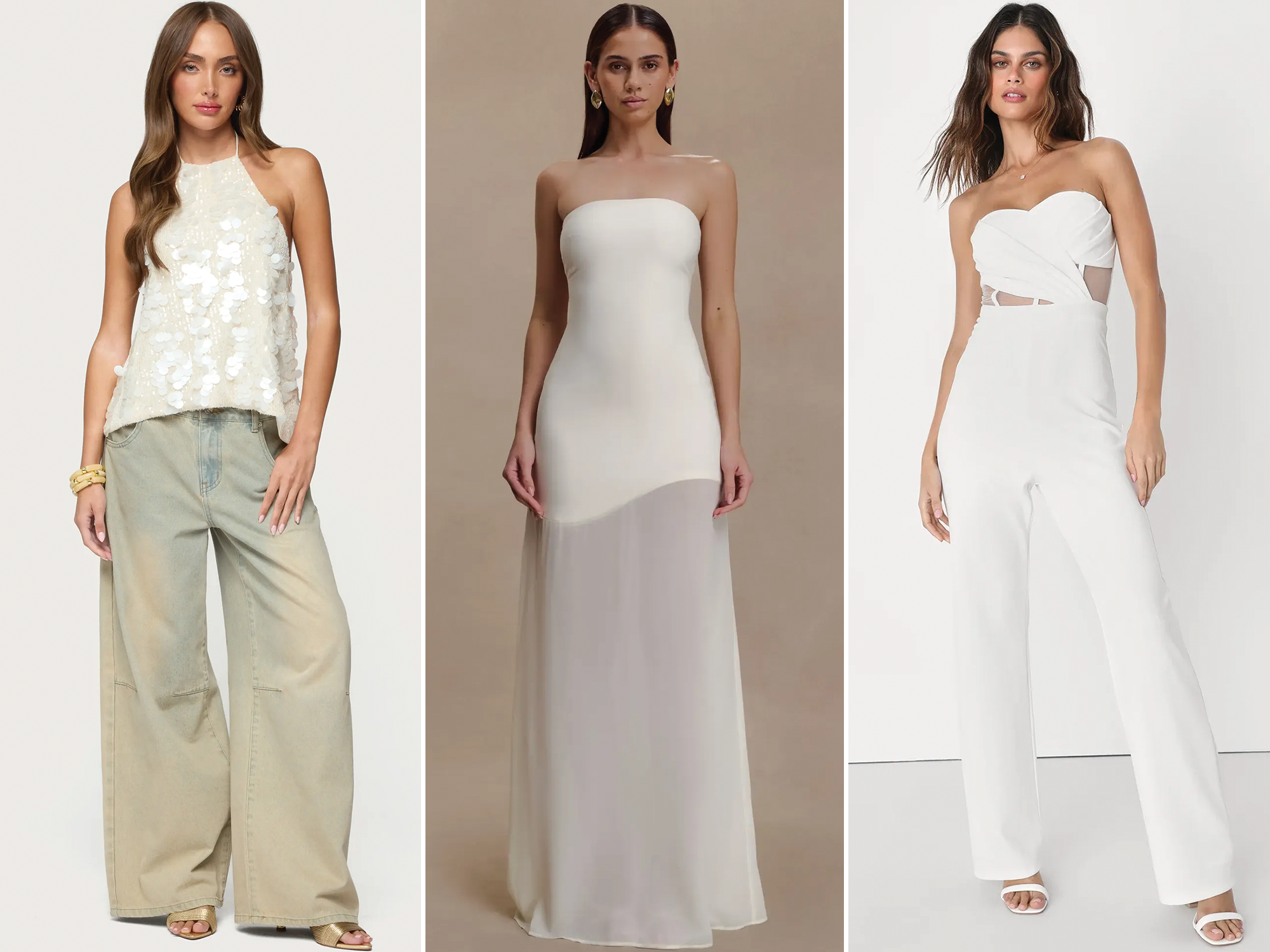 Three bachelorette party outfits including sequin top, maxi dress and jumpsuit