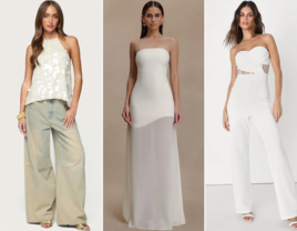 Three bachelorette party outfits including sequin top, maxi dress and jumpsuit