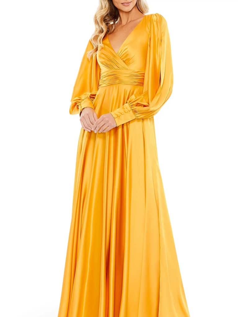 Mac Duggal Split Long Sleeve Satin A-Line Gown