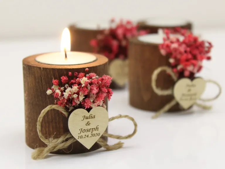 Custom rustic wood candles with dried flowers for wedding favors