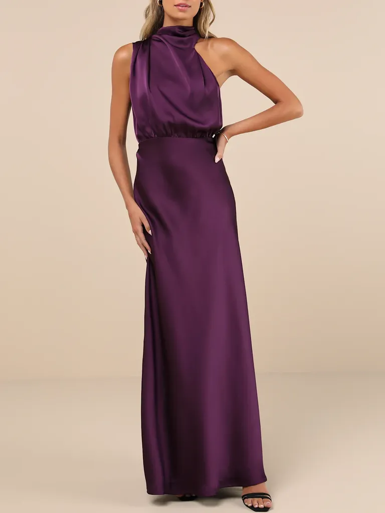 Purple satin high neck asymmetrical formal wedding attire from Lulus