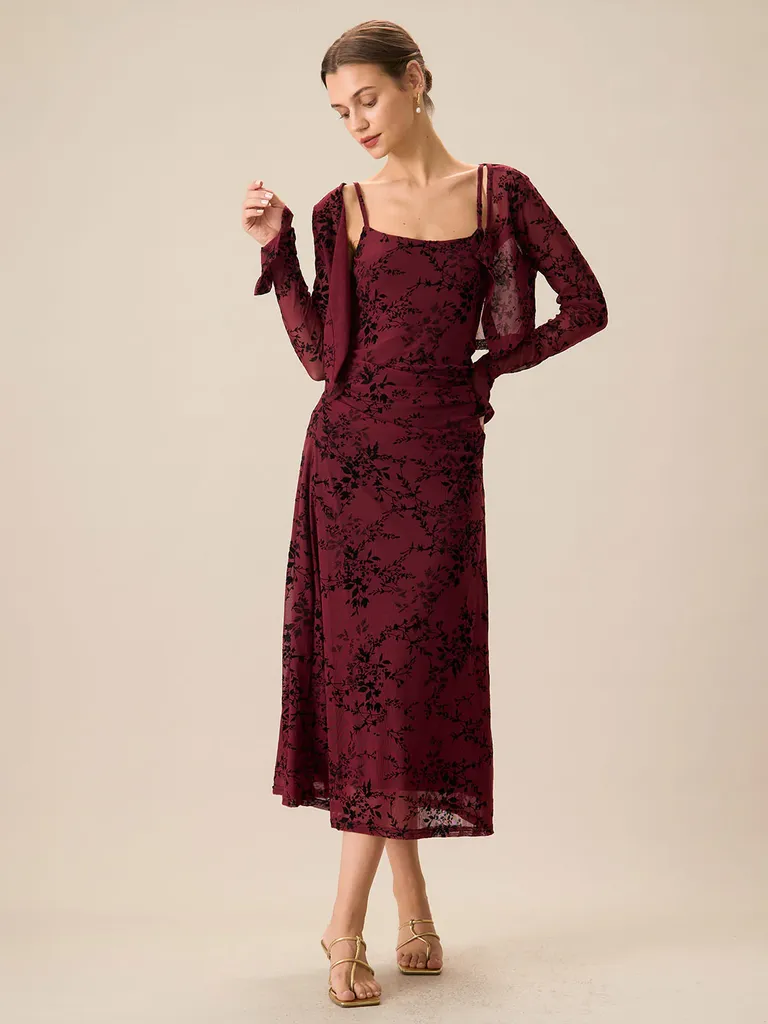 Red floral bodycon slip midi winter wedding guest dress from Rihoas