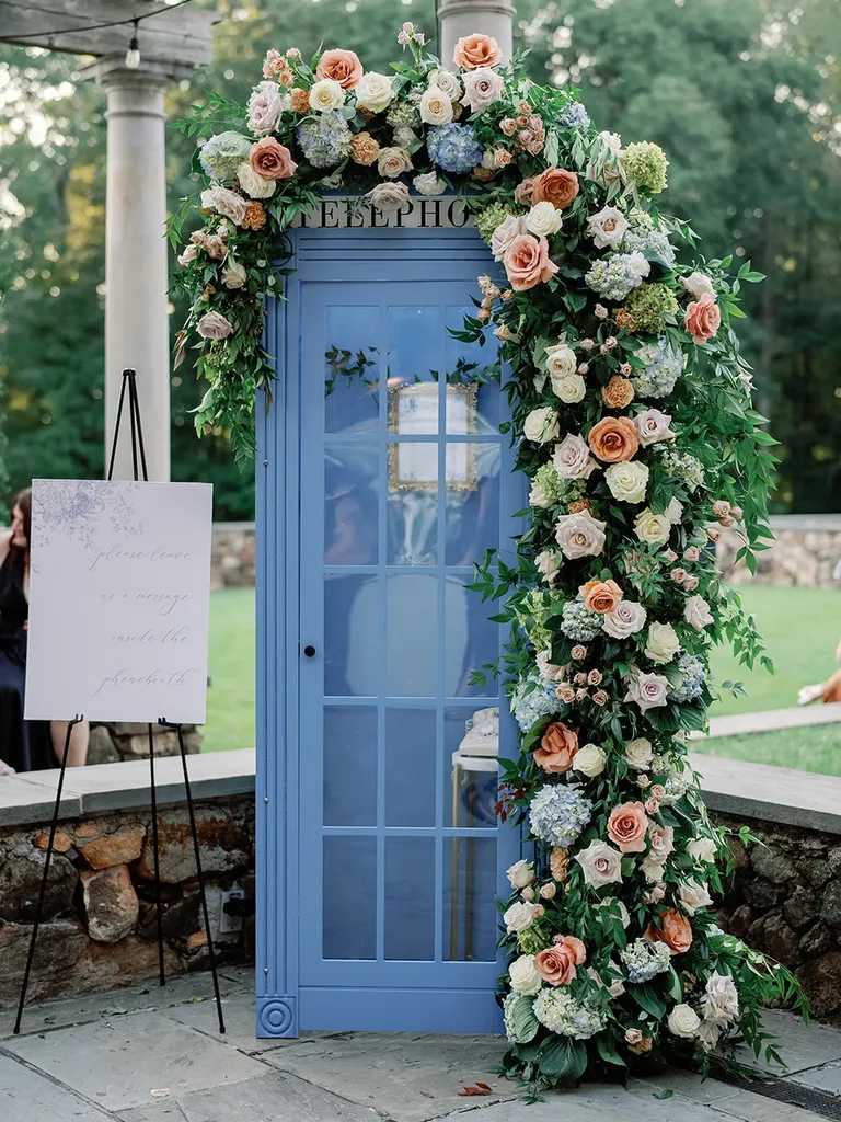 Pale Blue Telephone Booth, Phone Guest Book Inside, Verdant Floral Cascade Outside