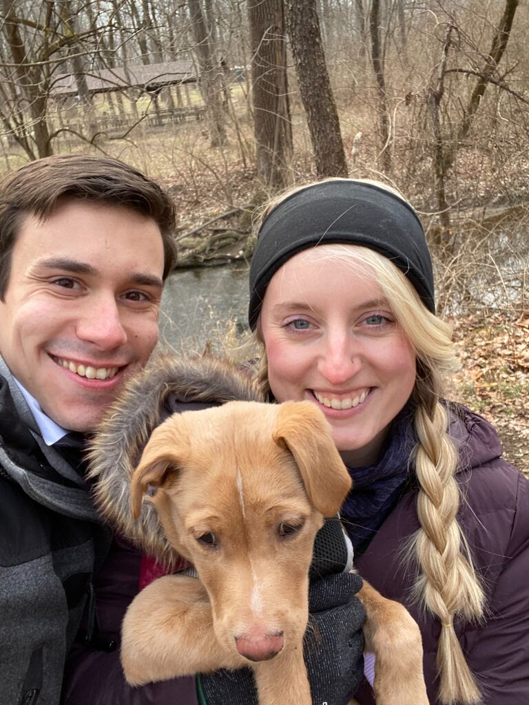 The first official date - a walk in the park. They had already grown close over the past few months, but they were ready to make the jump from "just friends" to "couple". David knew Sam and her puppy Charlie were a package deal, so many dates were spent all together hiking, at the dog park, or frequenting dog friendly patios. Thankfully Charlie, here two months old, had David wrapped around her paw in no time.  His kindness, care and humility made for the perfect partner. 